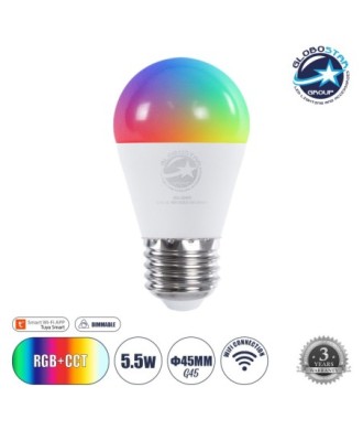 GLOBOSTAR® SMARTME 60489 Λάμπα E27 G45 Smart Home WiFi με Λειτουργία μέσω Tuya APP LED 5.5W 550lm 260° AC 220-240V IP20 Πολύχρωμο RGBW+WW Dimmable - Bridgelux Chip - Μ4.5 x Π4.5 x Υ8.8cm - 3 Χρόνια Εγγύηση